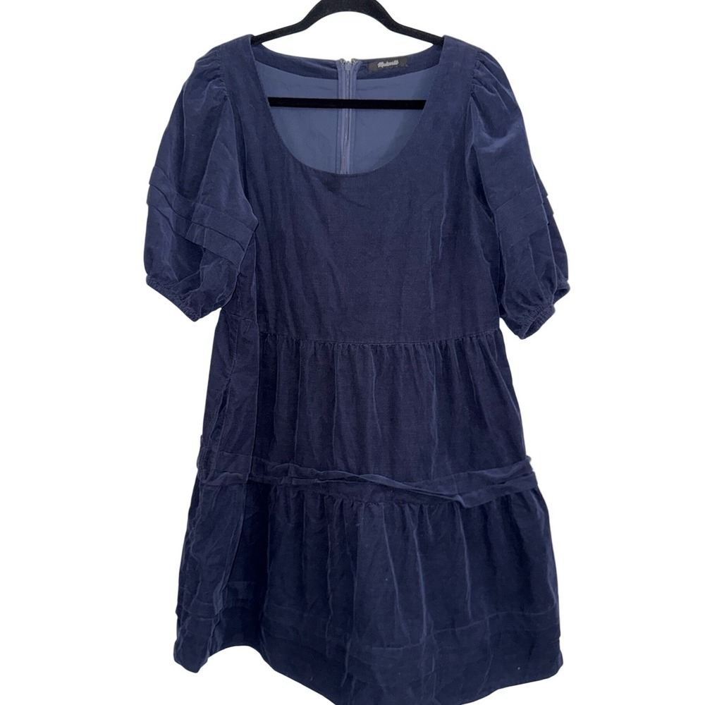 Madewell Navy Blue Corduroy Tiered Mini Dress Puff Sleeve Pockets Size L